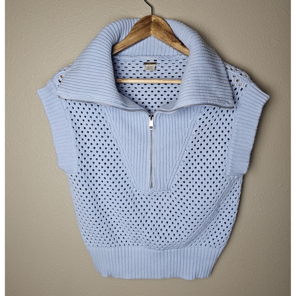 Magaschoni Blue Cotton Open-Knit 1/4 Zip Sleeveless Mock Neck Sweater XS